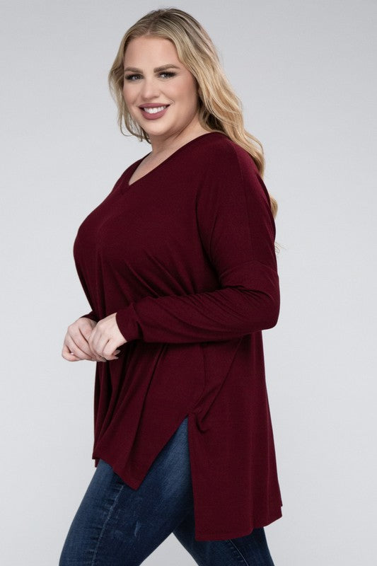 Plus Dolman Sleeve V-Neck Side Slit Hi-Low Hem Top by ZENANA | Fleurcouture