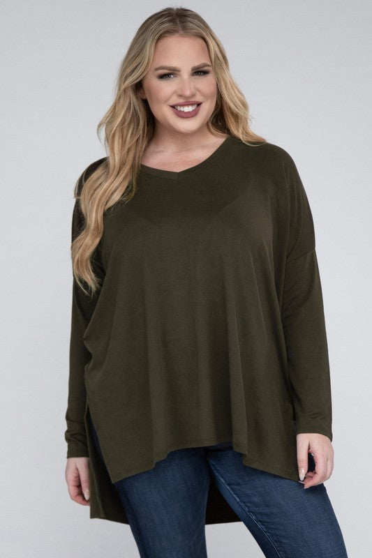 Plus Dolman Sleeve V-Neck Side Slit Hi-Low Hem Top by ZENANA | Fleurcouture