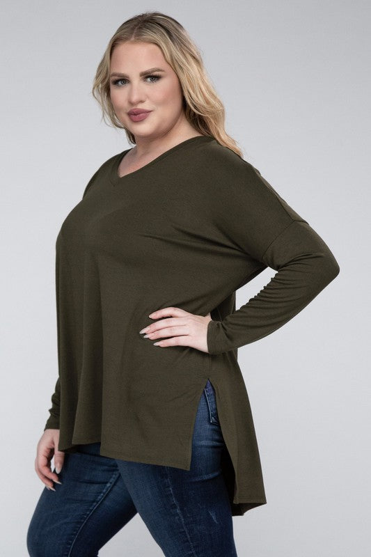 Plus Dolman Sleeve V-Neck Side Slit Hi-Low Hem Top by ZENANA | Fleurcouture