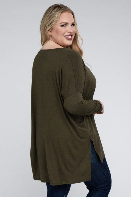 Plus Dolman Sleeve V-Neck Side Slit Hi-Low Hem Top by ZENANA | Fleurcouture