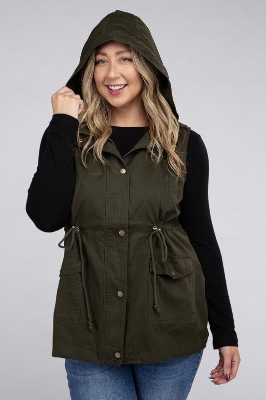 Plus Drawstring Waist Military Hoodie Vest by ZENANA | Fleurcouture