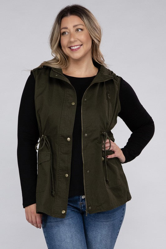 Plus Drawstring Waist Military Hoodie Vest by ZENANA | Fleurcouture