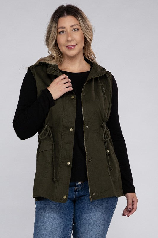 Plus Drawstring Waist Military Hoodie Vest by ZENANA | Fleurcouture