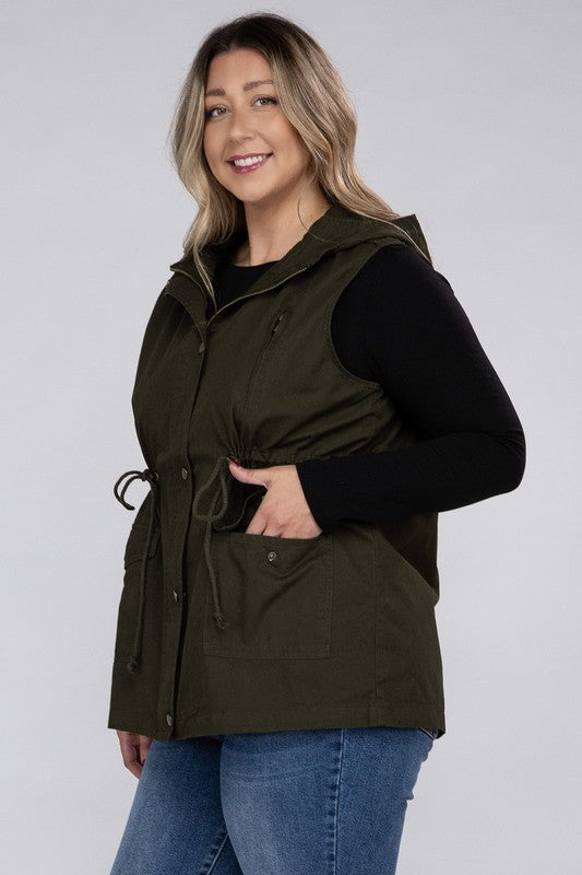 Plus Drawstring Waist Military Hoodie Vest by ZENANA | Fleurcouture