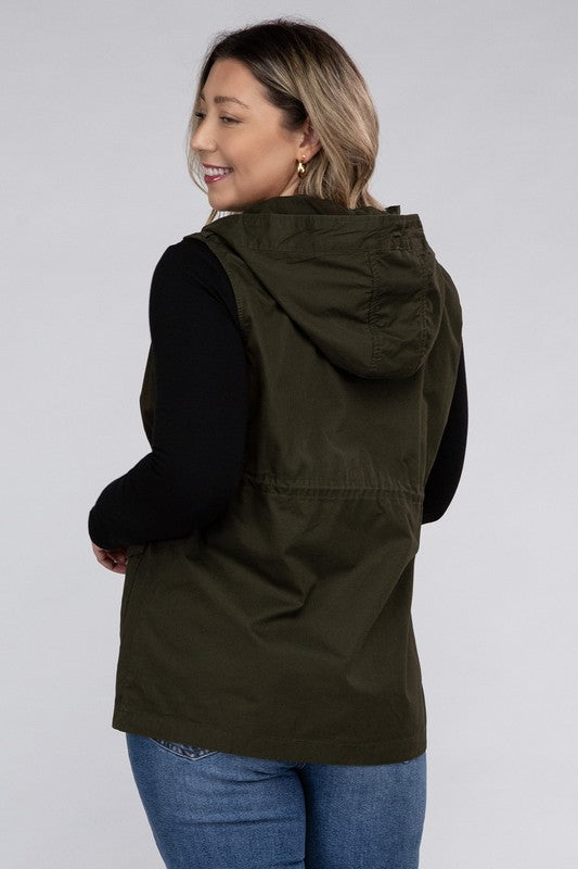 Plus Drawstring Waist Military Hoodie Vest by ZENANA | Fleurcouture