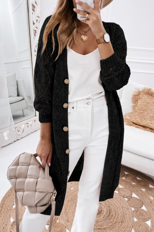 Plus Eyelet sweater button crochet knit cardigan Black XL by EG fashion | Fleurcouture