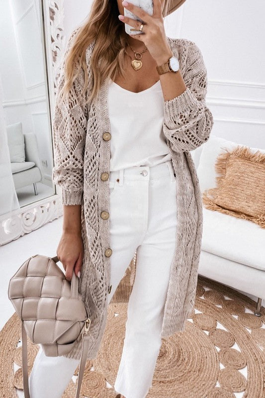 Plus Eyelet sweater button crochet knit cardigan khaki beige XL by EG fashion | Fleurcouture