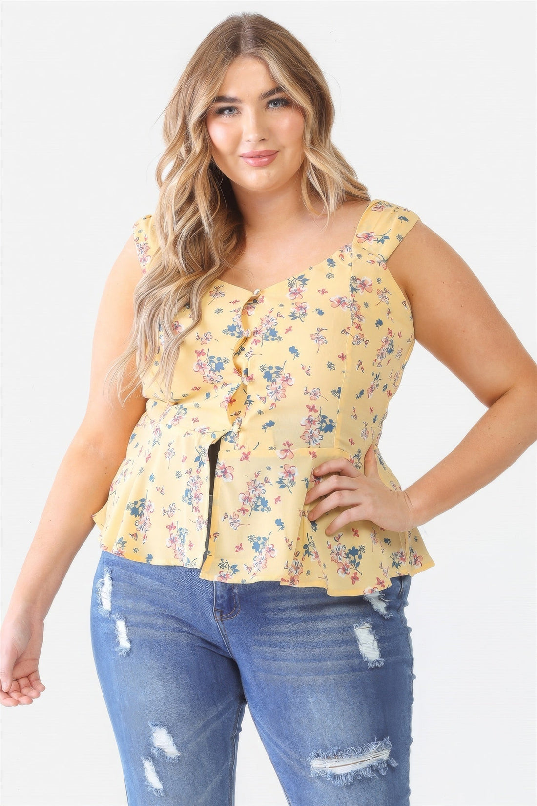 Plus Floral Button-up Sleeveless Flare Hem Top Tops by Fleurcouture | Fleurcouture