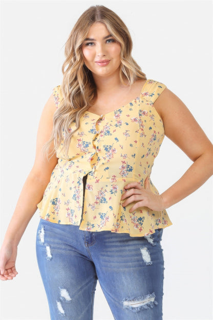 Plus Floral Button-up Sleeveless Flare Hem Top Tops by Fleurcouture | Fleurcouture