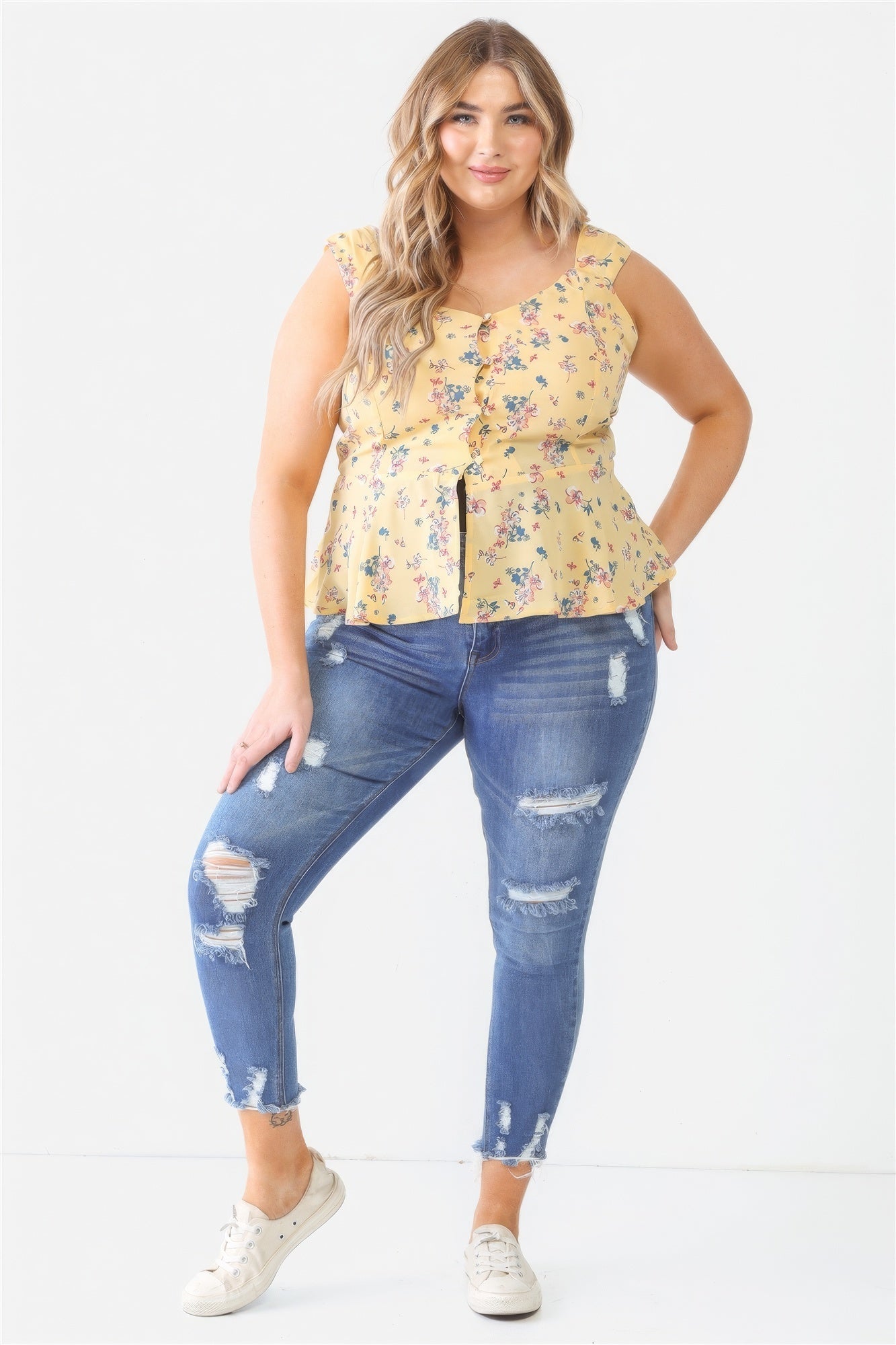 Plus Floral Button-up Sleeveless Flare Hem Top Tops by Fleurcouture | Fleurcouture