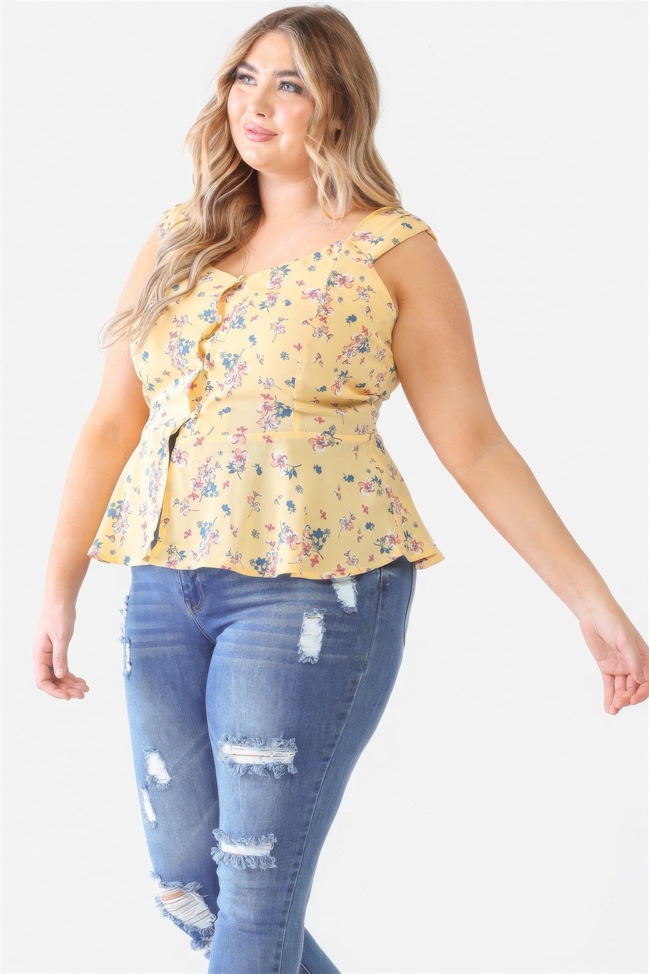 Plus Floral Button-up Sleeveless Flare Hem Top Tops by Fleurcouture | Fleurcouture