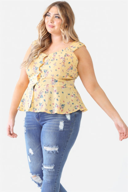 Plus Floral Button-up Sleeveless Flare Hem Top Tops by Fleurcouture | Fleurcouture