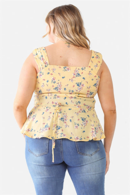 Plus Floral Button-up Sleeveless Flare Hem Top Tops by Fleurcouture | Fleurcouture