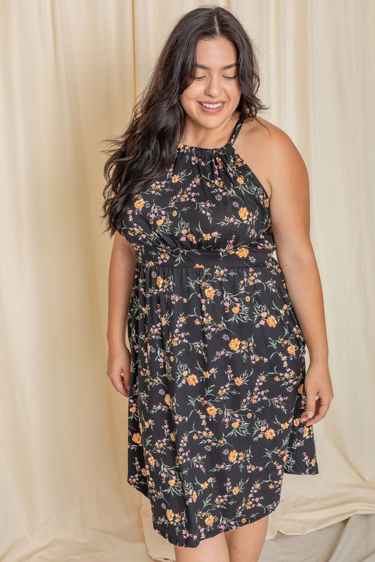 Plus Floral Halter Top Midi Dress Black 1X by EG fashion | Fleurcouture