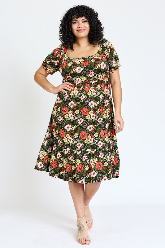 Plus Floral Square Neck Puff Sleeve Boho Dress black coral 1X by EG fashion | Fleurcouture