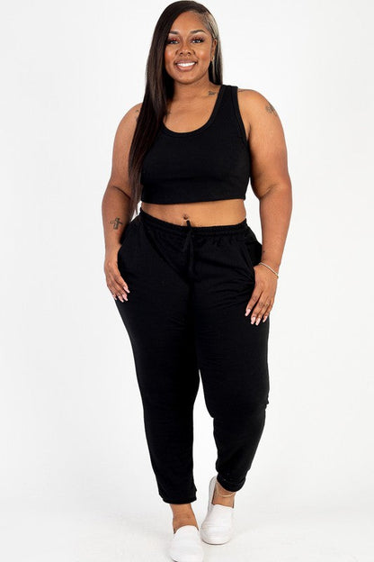 Plus French Terry Cropped Tank Top &amp; Joggers Set Black 1XL by Capella | Fleurcouture