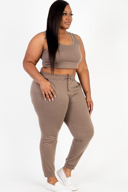 Plus French Terry Cropped Tank Top &amp; Joggers Set by Capella | Fleurcouture