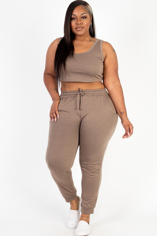 Plus French Terry Cropped Tank Top &amp; Joggers Set by Capella | Fleurcouture