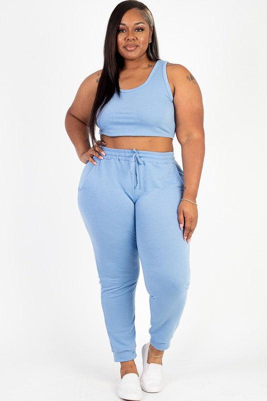 Plus French Terry Cropped Tank Top &amp; Joggers Set Cloud 1XL by Capella | Fleurcouture