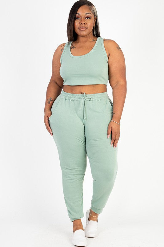 Plus French Terry Cropped Tank Top &amp; Joggers Set Green Bay 1XL by Capella | Fleurcouture