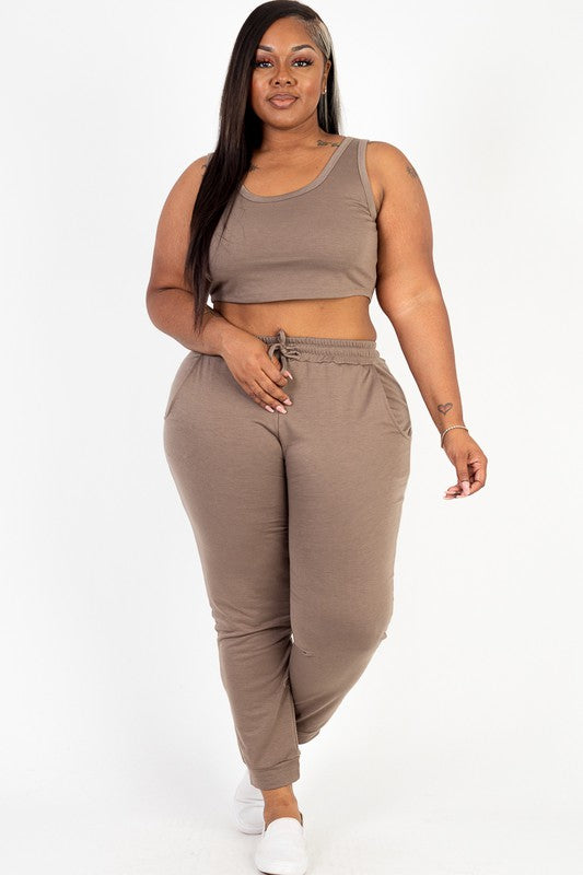 Plus French Terry Cropped Tank Top &amp; Joggers Set Taupe 1XL by Capella | Fleurcouture