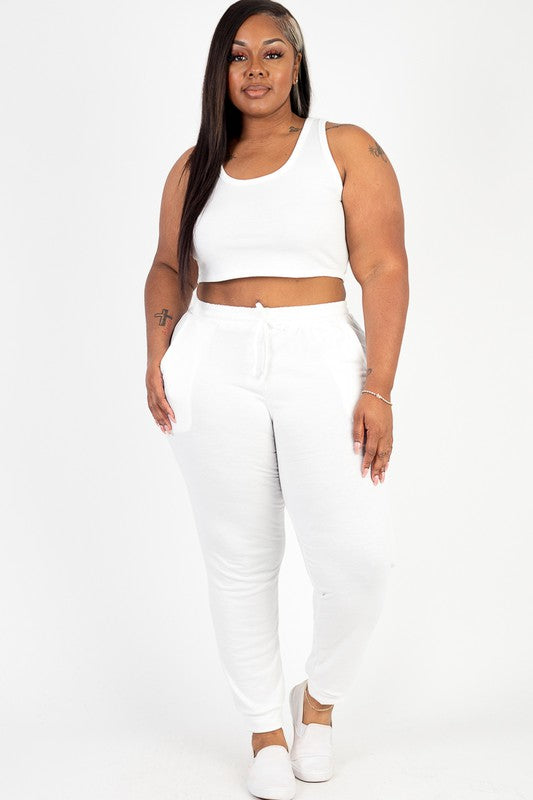 Plus French Terry Cropped Tank Top &amp; Joggers Set White 1XL by Capella | Fleurcouture