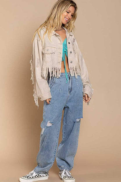 Plus Fringe-Detailed Cropped Denim Jacket OATMILK by POL | Fleurcouture