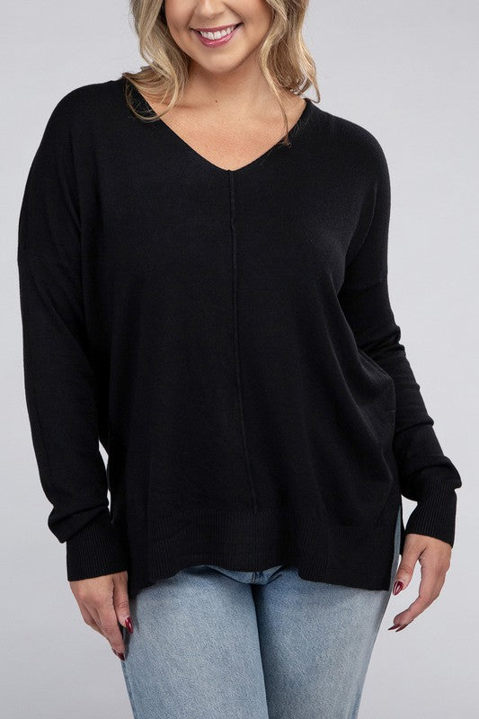 Plus Garment Dyed Front Seam Sweater BLACK 1X/2X by ZENANA | Fleurcouture