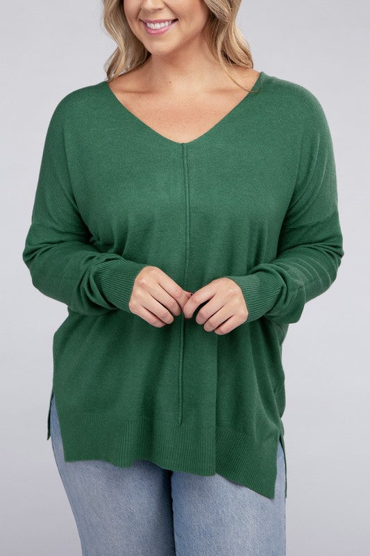 Plus Garment Dyed Front Seam Sweater H DK GREEN 1X/2X by ZENANA | Fleurcouture