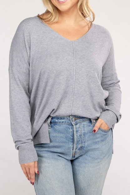 Plus Garment Dyed Front Seam Sweater H GREY 1X/2X by ZENANA | Fleurcouture