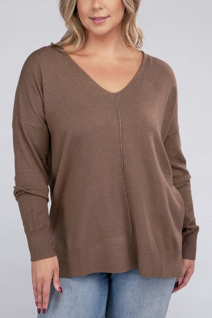 Plus Garment Dyed Front Seam Sweater H MOCHA 2X/3X by ZENANA | Fleurcouture