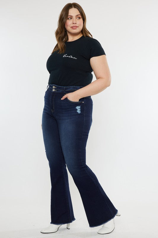 Plus High Rise Double WB Fray Hem Flare Jeans DARK by Kan Can USA | Fleurcouture