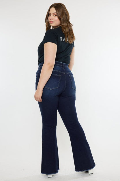 Plus High Rise Double WB Fray Hem Flare Jeans DARK by Kan Can USA | Fleurcouture