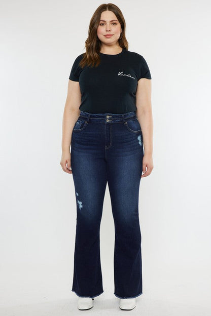 Plus High Rise Double WB Fray Hem Flare Jeans DARK by Kan Can USA | Fleurcouture