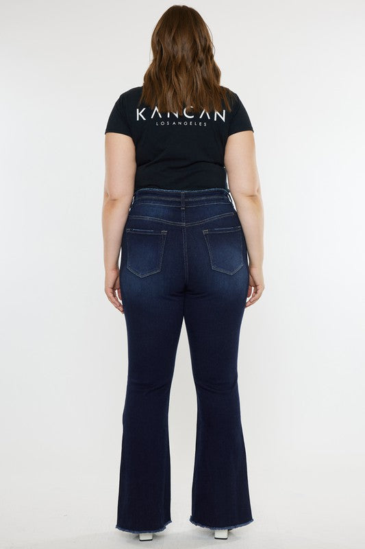 Plus High Rise Double WB Fray Hem Flare Jeans DARK by Kan Can USA | Fleurcouture