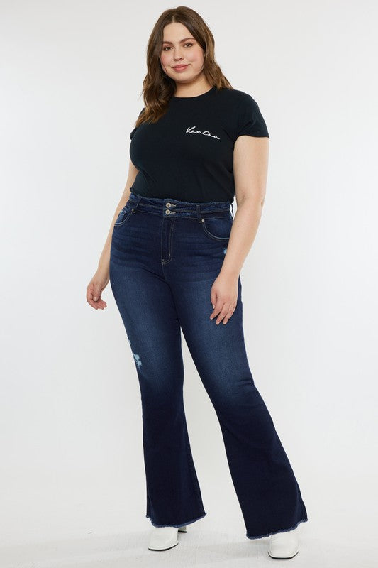 Plus High Rise Double WB Fray Hem Flare Jeans DARK XL by Kan Can USA | Fleurcouture