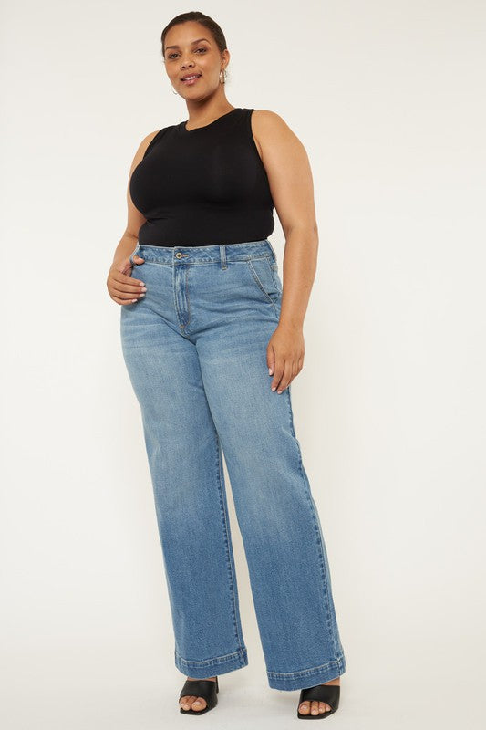 Plus High Rise Trouser Wide Leg Jeans MEDIUM by Kan Can USA | Fleurcouture