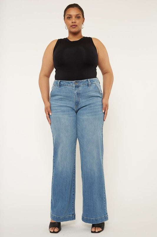 Plus High Rise Trouser Wide Leg Jeans MEDIUM by Kan Can USA | Fleurcouture