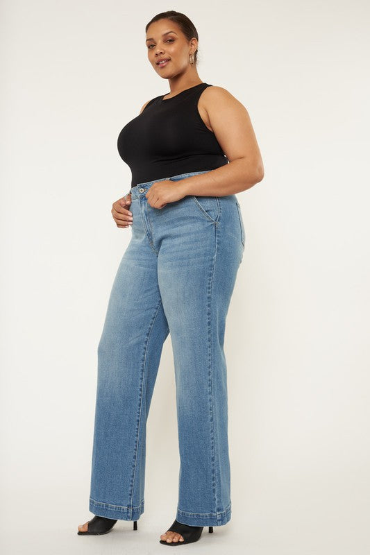 Plus High Rise Trouser Wide Leg Jeans MEDIUM by Kan Can USA | Fleurcouture