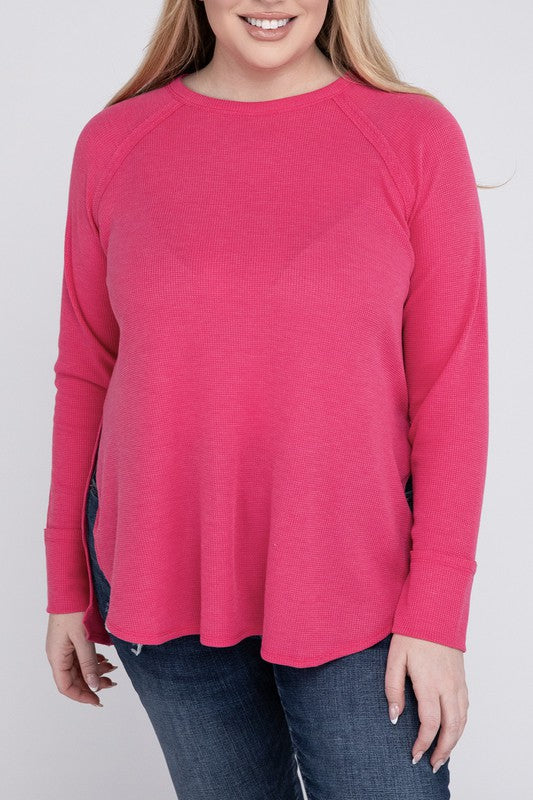 Plus Melange Baby Waffle Long Sleeve Top FUCHSIA 1X by ZENANA | Fleurcouture