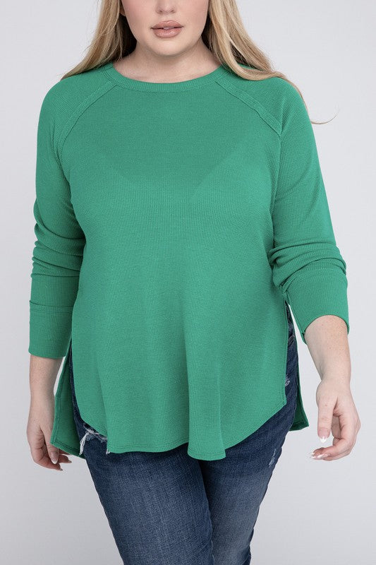 Plus Melange Baby Waffle Long Sleeve Top K GREEN 1X by ZENANA | Fleurcouture