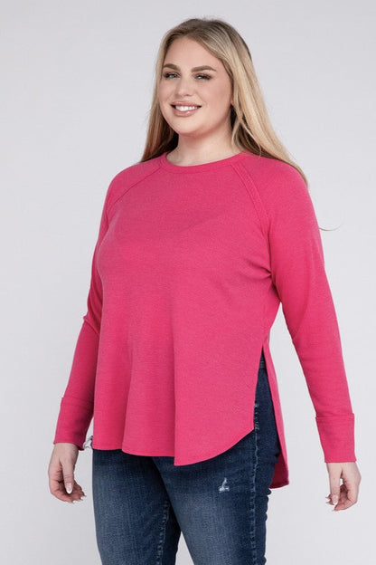 Plus Melange Baby Waffle Long Sleeve Top by ZENANA | Fleurcouture