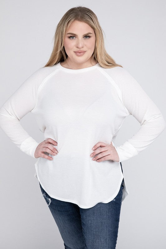 Plus Melange Baby Waffle Long Sleeve Top by ZENANA | Fleurcouture