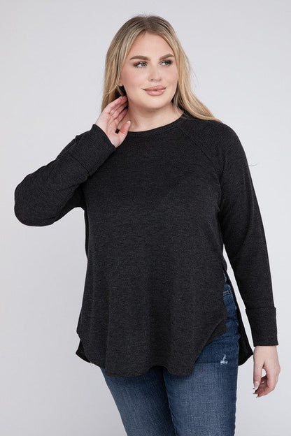 Plus Melange Baby Waffle Long Sleeve Top by ZENANA | Fleurcouture