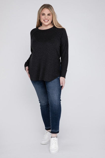 Plus Melange Baby Waffle Long Sleeve Top by ZENANA | Fleurcouture