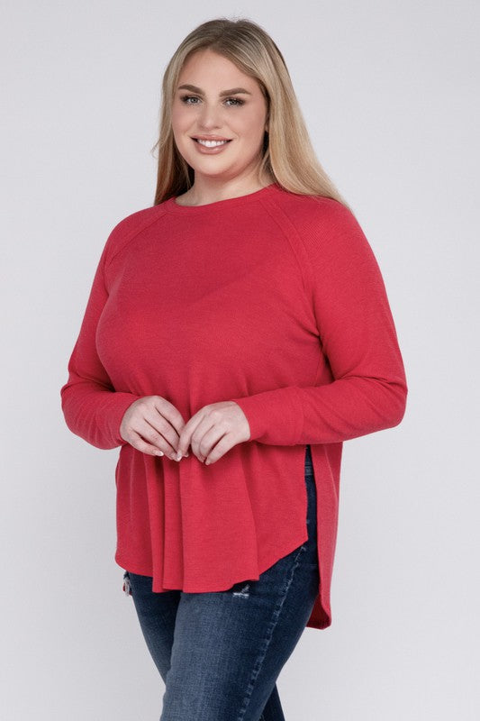 Plus Melange Baby Waffle Long Sleeve Top by ZENANA | Fleurcouture