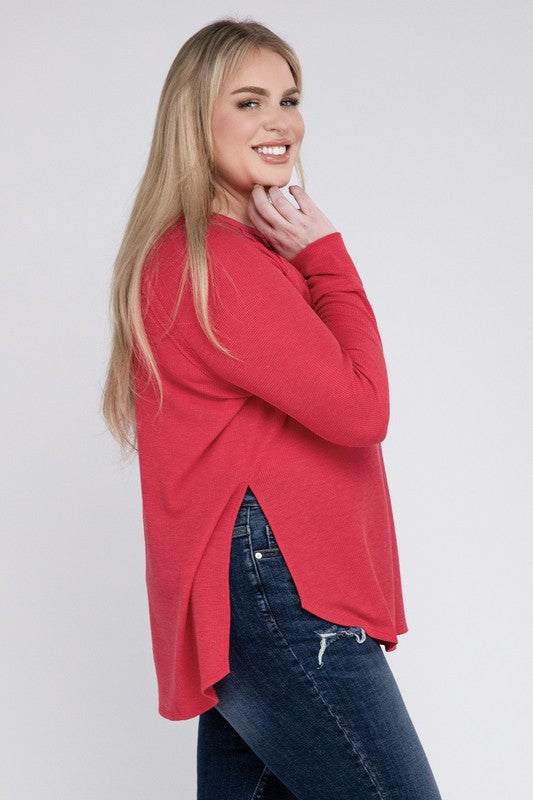 Plus Melange Baby Waffle Long Sleeve Top by ZENANA | Fleurcouture