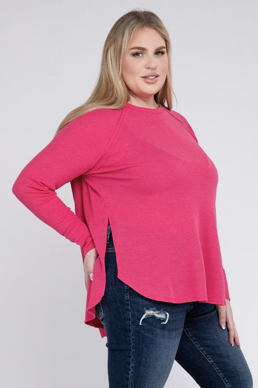 Plus Melange Baby Waffle Long Sleeve Top by ZENANA | Fleurcouture