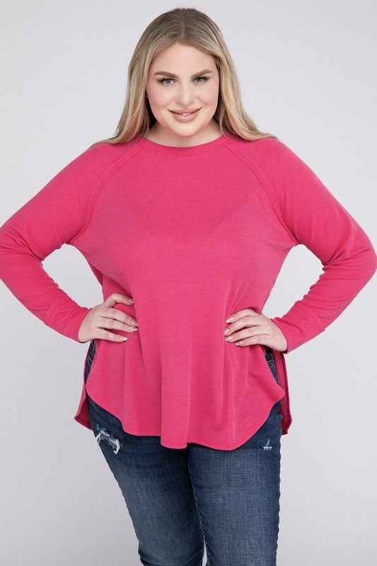 Plus Melange Baby Waffle Long Sleeve Top by ZENANA | Fleurcouture