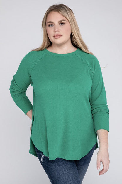 Plus Melange Baby Waffle Long Sleeve Top by ZENANA | Fleurcouture